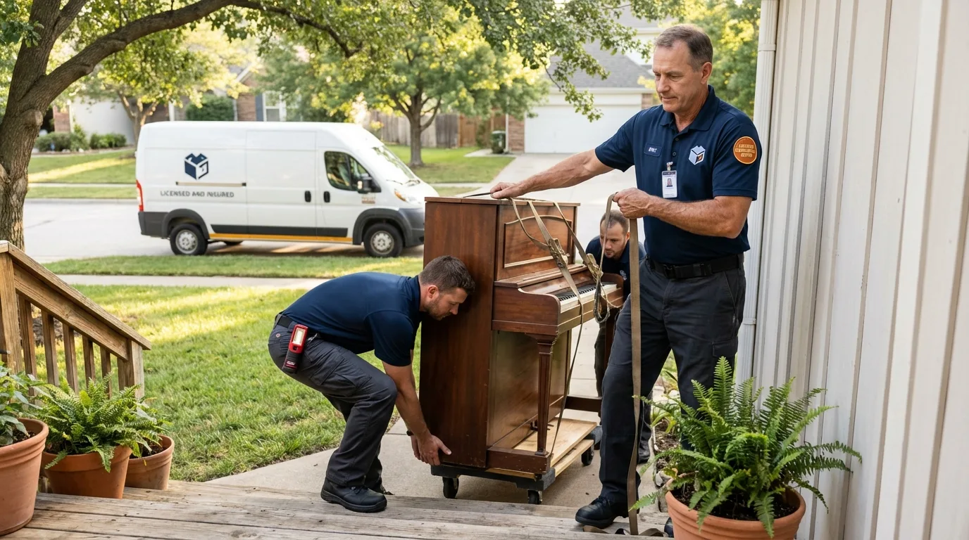 Licensed piano movers securing grand piano in Turtle Creek, PA